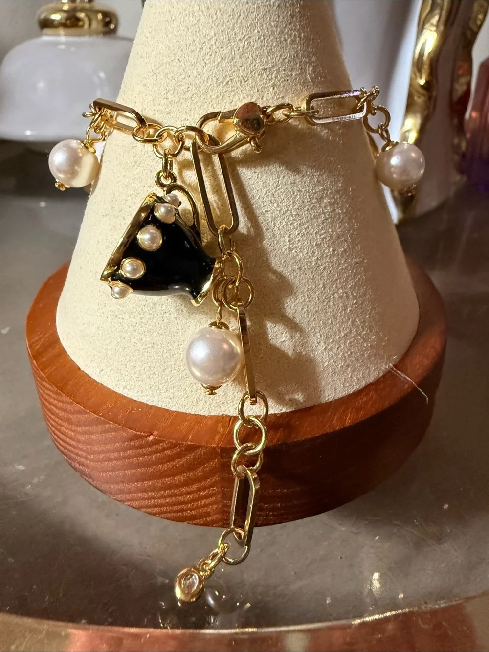 kate spade Gold Charm Bracelet with Black & White Teacup Charms and Pearl Drops